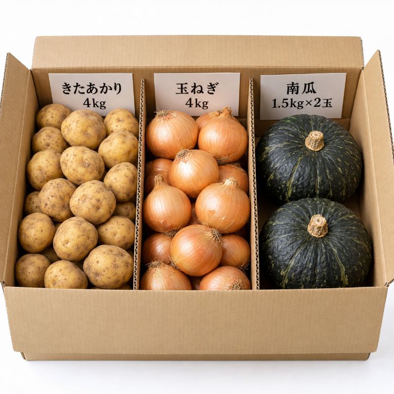 きたあかり4kg・玉ねぎ4kg・南瓜約1.5kg&times;2玉